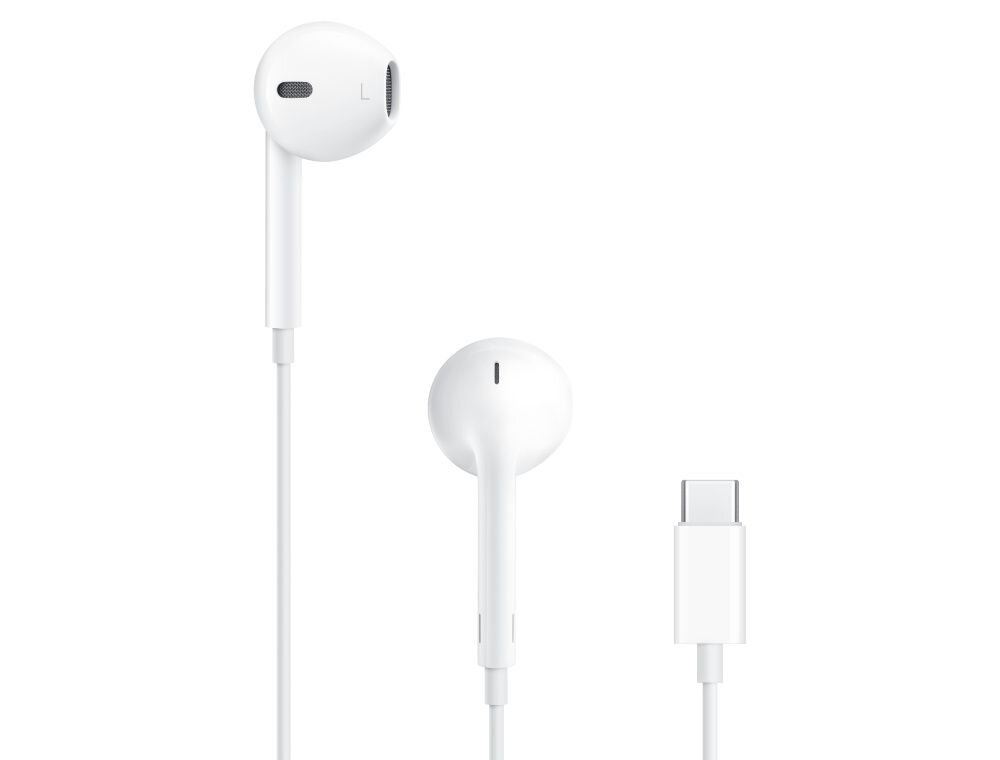 Na obrazie widoczne są białe słuchawki przewodowe z końcówką USB-C. Na jednej ze słuchawek znajduje się oznaczenie \'L\'.