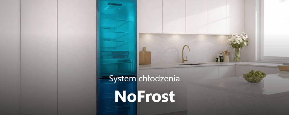 LODÓWKA BEKO B7BCNA325HS3 Kuchnia z zabudowaną lodówką, której wnętrze podświetlono na niebiesko i opisano jako „System chłodzenia NoFrost”. Grafika podkreśla technologię zapobiegającą osadzaniu się szronu No Frost podwójny obieg powietrza brak rozmrażania