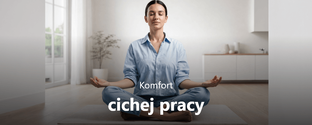 LODÓWKA BEKO B7BCNA325HS3 Osoba siedząca w pozycji medytacyjnej w jasnym wnętrzu z napisem „Komfort cichej pracy”, symbolizującym niski poziom hałasu urządzenia cicha praca 37 dB komfort użytkowania