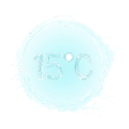 Grafika przedstawia niebieski okrąg z wodnym efektem, w środku którego znajduje się biały napis \'15°C\'.
