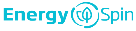 Logo z napisem \'Energy Spin\' w kolorze turkusowym, z symbolem liścia w okręgu między słowami.