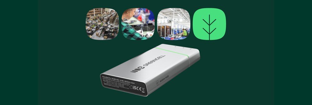 Srebrny powerbank z logo \'GREENCELL\' leży na ciemnozielonym tle. W tle widoczne są cztery małe obrazy przedstawiające różne sceny przemysłowe i zielony symbol liścia.