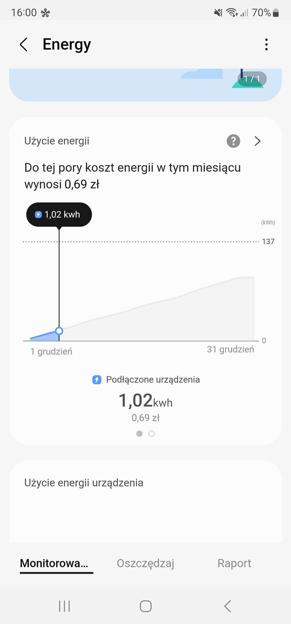Ekran aplikacji pokazujący zużycie energii z wykresem liniowym. Tekst: \'Do tej pory koszt energii w tym miesiącu wynosi 0,69 zł\', \'1,02 kwh\'.