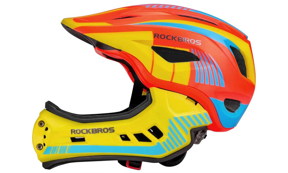 Kask rowerowy w kolorach żółtym, pomarańczowym i niebieskim z widocznym logo ROCKBROS. Posiada aerodynamiczny kształt i otwory wentylacyjne.