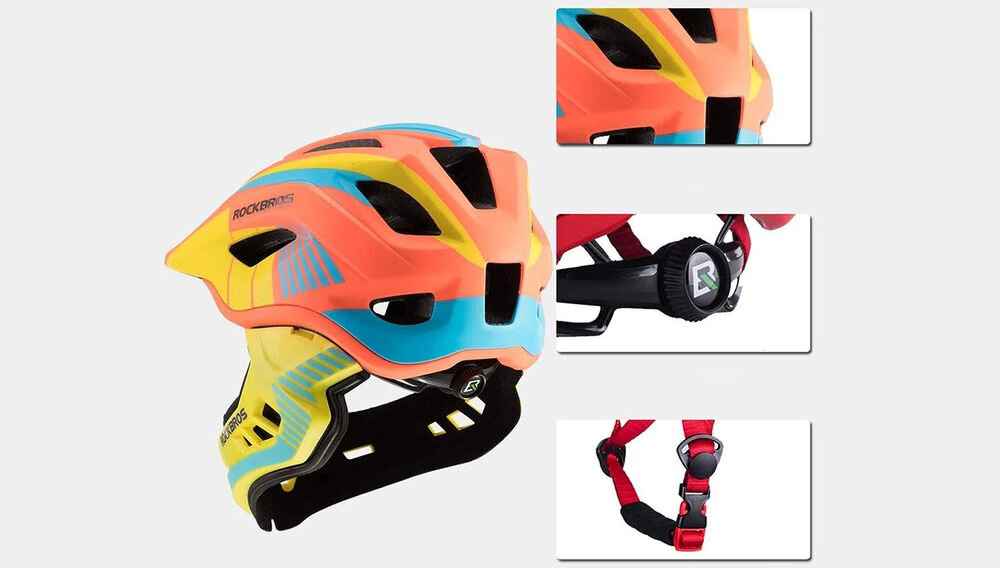 Kask rowerowy w kolorach żółtym, pomarańczowym i niebieskim z widocznymi otworami wentylacyjnymi. Na kasku znajduje się logo \'ROCKBROS\', a obok pokazane są zbliżenia na zapięcie i regulację paska.