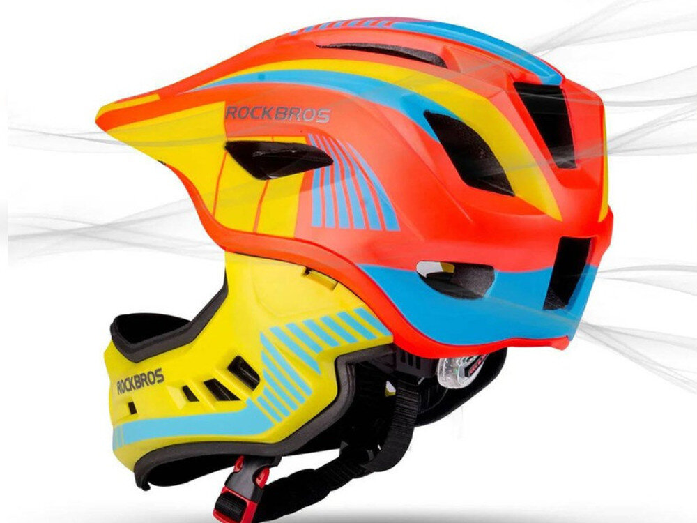 Kask rowerowy w kolorach żółtym, pomarańczowym i niebieskim z widocznym logo \'ROCKBROS\'. Kask posiada otwory wentylacyjne i nowoczesny design.