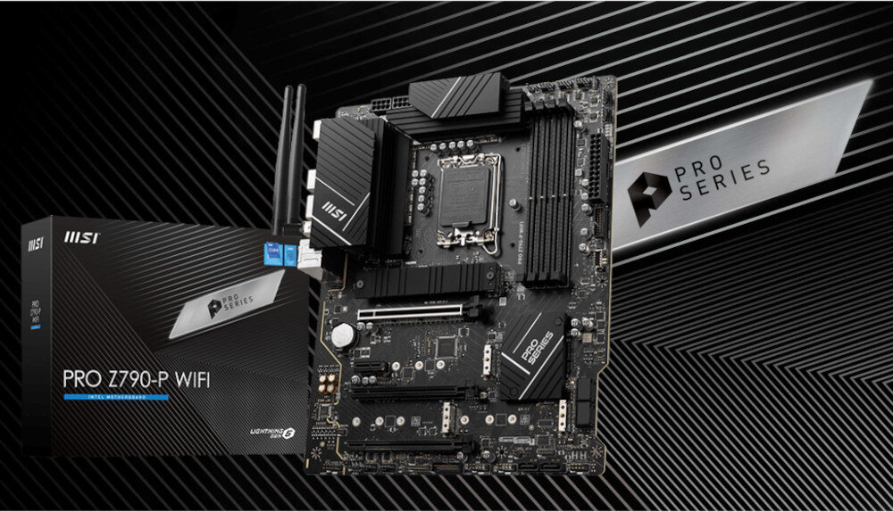 Na obrazie widoczna jest płyta główna z oznaczeniem \'PRO Z790-P WIFI\' oraz opakowanie z logo MSI i napisem \'PRO SERIES\'. Tło ma wzór z ukośnymi liniami.