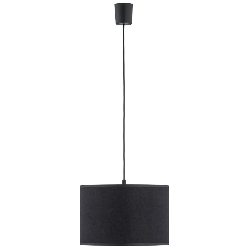 Czarna lampa wisząca z cylindrycznym kloszem i regulowanym przewodem. Klosz jest prosty i elegancki, wykonany z ciemnego materiału.