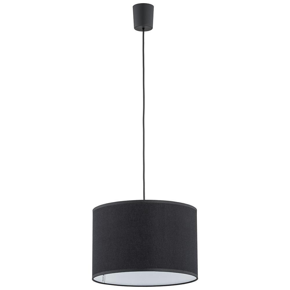 Czarna lampa wisząca z cylindrycznym kloszem i regulowaną wysokością, zawieszona na cienkim przewodzie.