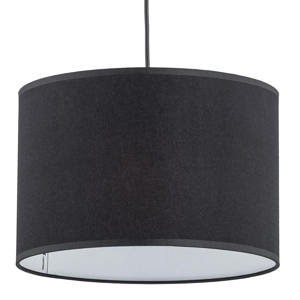 Czarna, cylindryczna lampa wisząca z regulowaną wysokością. Na dolnej krawędzi widoczne jest logo TK Lighting.