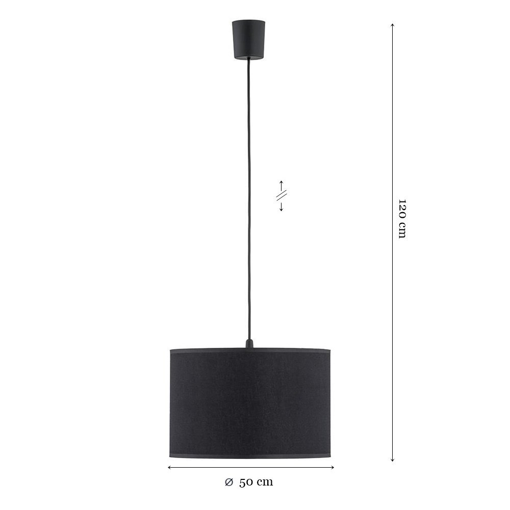 Czarna lampa wisząca z cylindrycznym kloszem, zawieszona na regulowanym przewodzie. Wymiary: średnica 50 cm, wysokość 120 cm.
