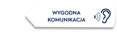 Obraz przedstawia ikonę z uchem i falami dźwiękowymi oraz tekst \'WYGODNA KOMUNIKACJA\'.