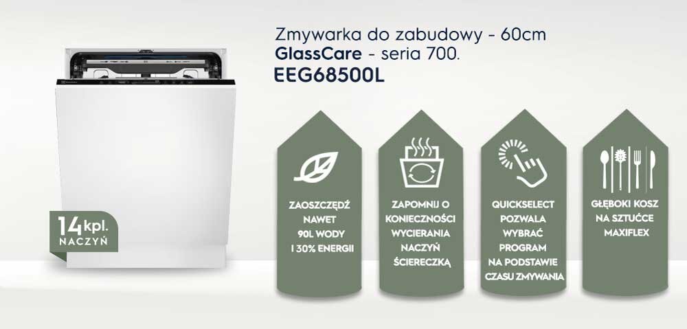 Obraz przedstawia zmywarkę do zabudowy z napisem \'Zmywarka do zabudowy - 60cm GlassCare - seria 700. EEG68500L\'. Obok zmywarki znajdują się ikony z tekstami: \'ZAOSZCZĘDŹ NAWET 90L WODY I 30% ENERGII\', \'ZAPOMNIJ O KONIECZNOŚCI WYCIERANIA NACZYŃ ŚCIERECZKĄ\', \'QUICKSELECT POZWALA WYBRAĆ PROGRAM NA PODSTAWIE CZASU ZMYWANIA\', \'GŁĘBOKI KOSZ NA SZTUĆCE MAXIFLEX\'.