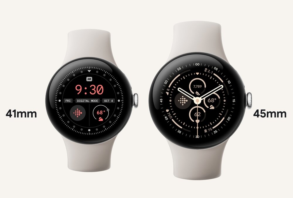 Dwa smartwatche z okrągłymi tarczami, jeden o średnicy 41mm z cyfrowym wyświetlaczem pokazującym godzinę 9:30, drugi o średnicy 45mm z analogowym wyświetlaczem. Oba mają jasne paski i wyświetlają różne informacje, takie jak data i temperatura 68 stopni.