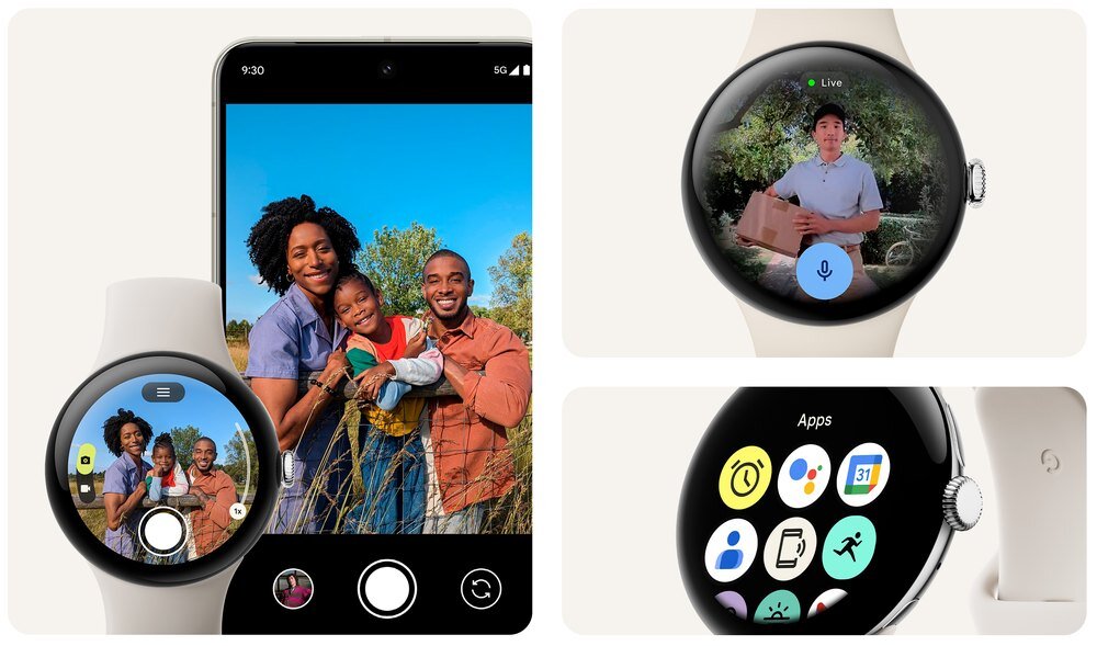 Obraz przedstawia smartwatch z okrągłym wyświetlaczem, na którym widoczne są różne aplikacje oraz zdjęcia. W tle znajduje się smartfon z wyświetlonym zdjęciem trzech osób na ekranie.
