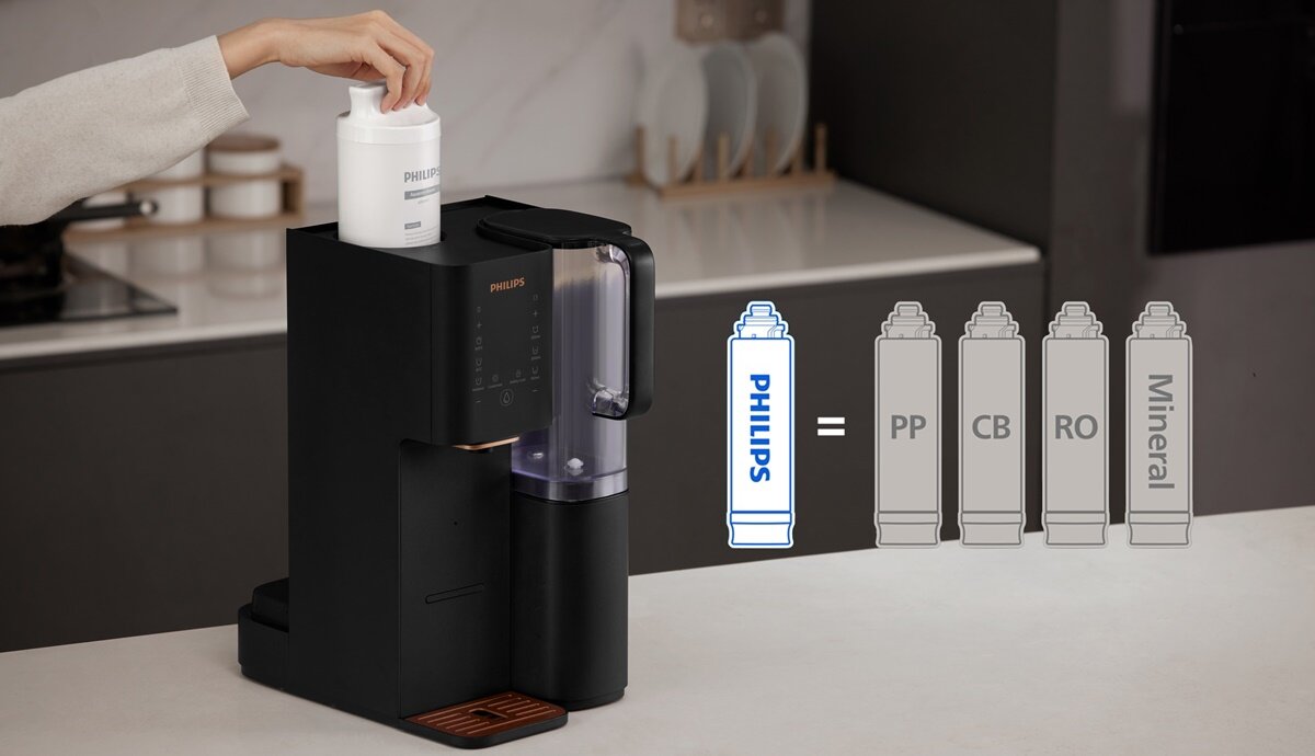 Osoba wkłada filtr do czarnego dyspensera do wody marki PHILIPS, stojącego na blacie kuchennym. Obok urządzenia znajduje się ilustracja przedstawiająca cztery filtry oznaczone jako PP, CB, RO i Mineral.