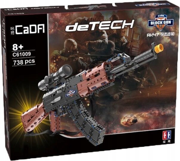 Opakowanie zestawu klocków CADA deTECH z modelem karabinu AK-47, zawierającego 738 elementów. Na opakowaniu widoczny jest model karabinu oraz napisy: \'8+\', \'C61009\', \'738 pcs\', \'BLOCK GUN\'.