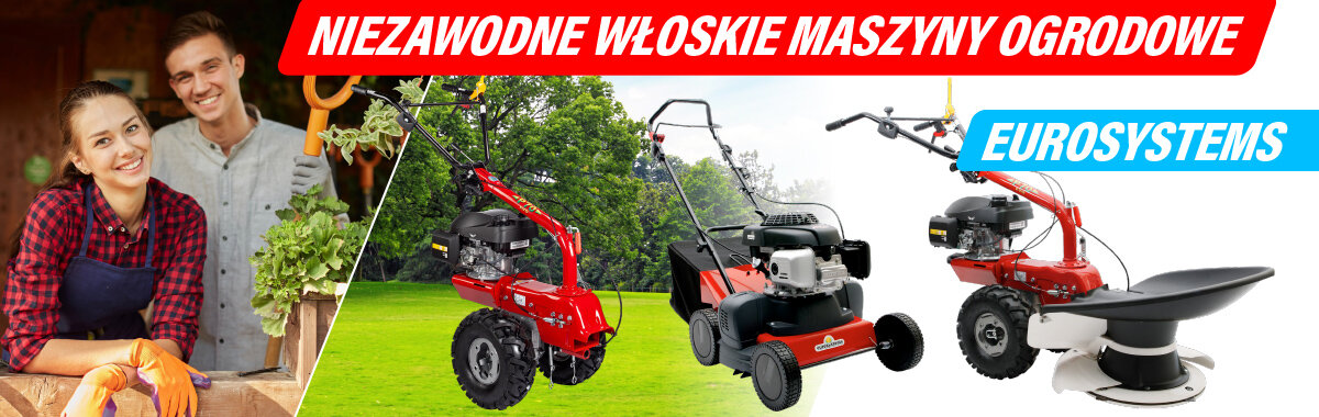 Obraz przedstawia trzy maszyny ogrodowe na trawie oraz dwie osoby w tle. Widoczny tekst to: \'NIEZAWODNE WŁOSKIE MASZYNY OGRODOWE\' oraz \'EUROSYSTEMS\'.