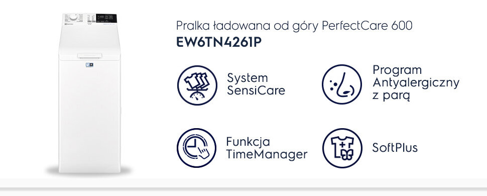 Obraz przedstawia pralkę ładowaną od góry z serii PerfectCare 600, model EW6TN4261P. Obok pralki znajdują się ikony z opisami: System SensiCare, Program Antyalergiczny z parą, Funkcja TimeManager, SoftPlus.