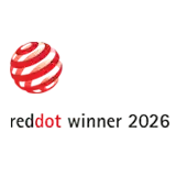 Czerwone logo z białymi spiralami oraz tekst \'reddot winner 2020\'.