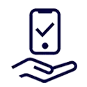 Ikona przedstawia ciemnoniebieski symbol telefonu z zaznaczeniem w formie haczyka nad otwartą dłonią.