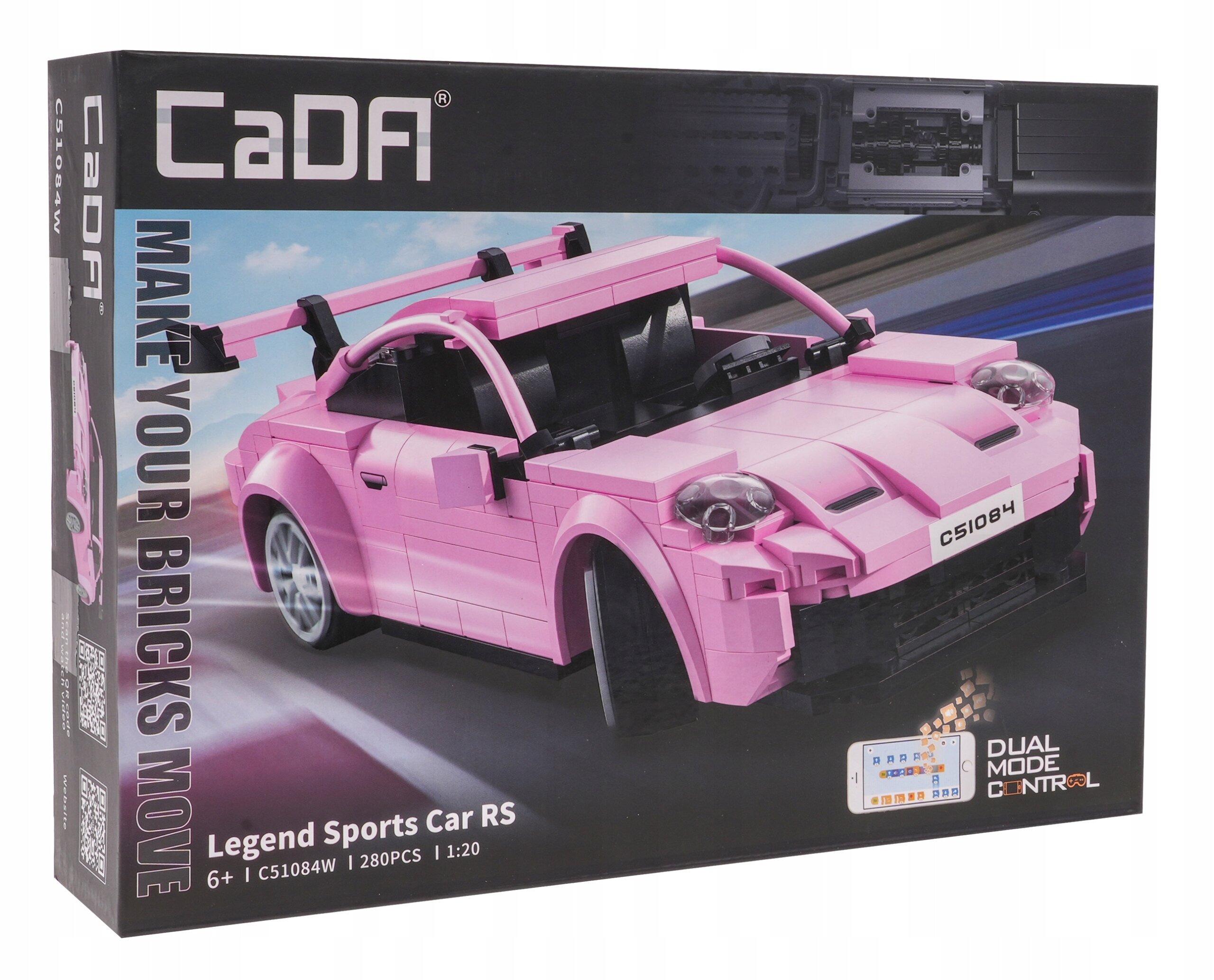 Opakowanie zestawu klocków przedstawia różowy sportowy samochód zbudowany z klocków. Na opakowaniu widnieje napis \'CaDA\', \'MAKE YOUR BRICKS MOVE\', \'Legend Sports Car RS\', \'C51084W | 280PCS | 1:20\' oraz \'DUAL MODE CONTROL\'.