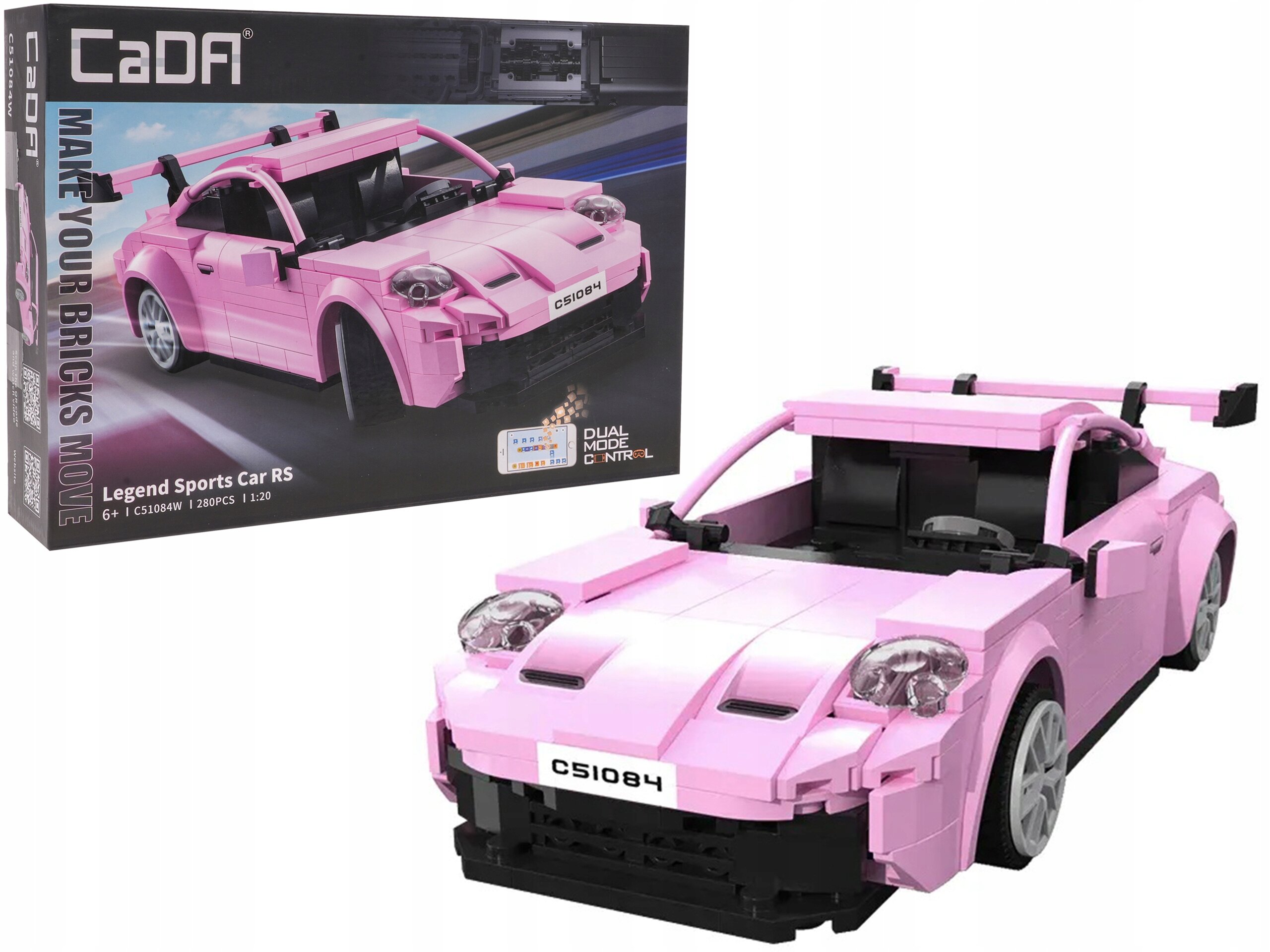 Różowy model samochodu sportowego z klocków, oznaczony numerem C51084, obok pudełka z napisem \'CaDA MAKE YOUR BRICKS MOVE\'.