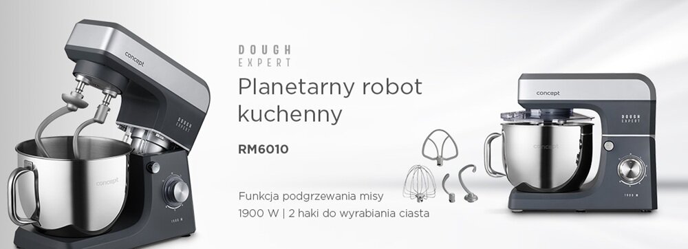 Obraz przedstawia planetarny robot kuchenny z metalową misą i różnymi końcówkami do mieszania. Widoczny tekst: \'DOUGH EXPERT Planetarny robot kuchenny RM6010 Funkcja podgrzewania misy 1900 W | 2 haki do wyrabiania ciasta\'.