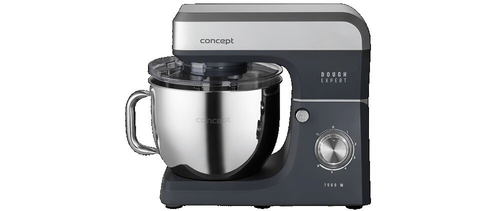 Robot kuchenny w kolorze ciemnoszarym z metalową misą i pokrętłem. Widoczne napisy: \'concept\', \'DOUGH EXPERT\', \'1900 W\'.