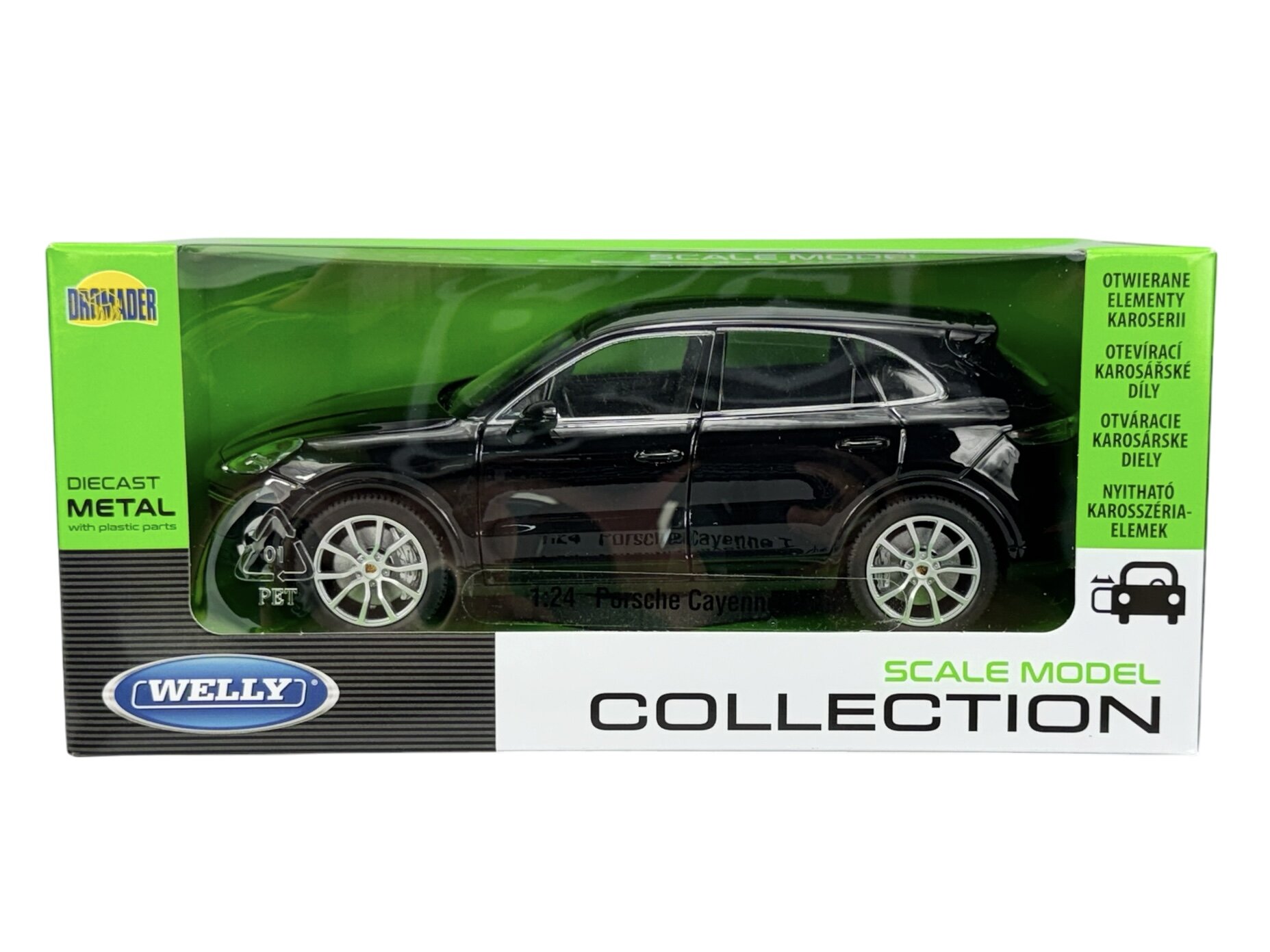 Czarny model samochodu Porsche Cayenne w skali 1:24 znajduje się w zielono-białym opakowaniu z napisem \'Welly\' i \'Scale Model Collection\'. Na opakowaniu widnieje również tekst \'Diecast Metal\' oraz \'Otwierane elementy karoserii\'.