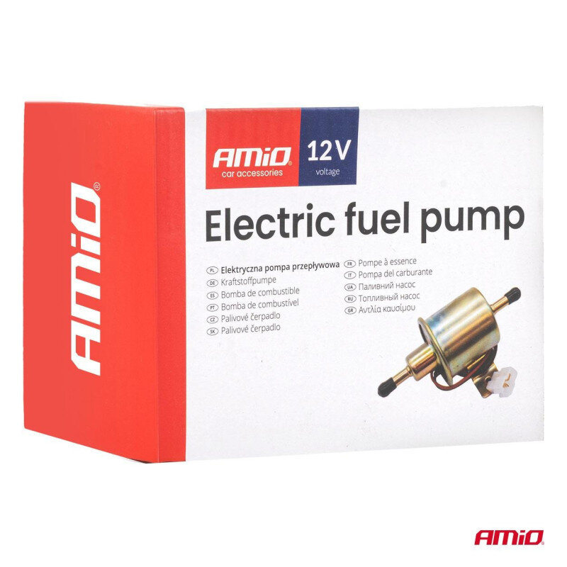 Opakowanie produktu z napisem \'Electric fuel pump\' oraz \'Elektryczna pompa przepływowa\'. Widoczne logo \'AMiO\' i oznaczenie \'12V voltage\'.