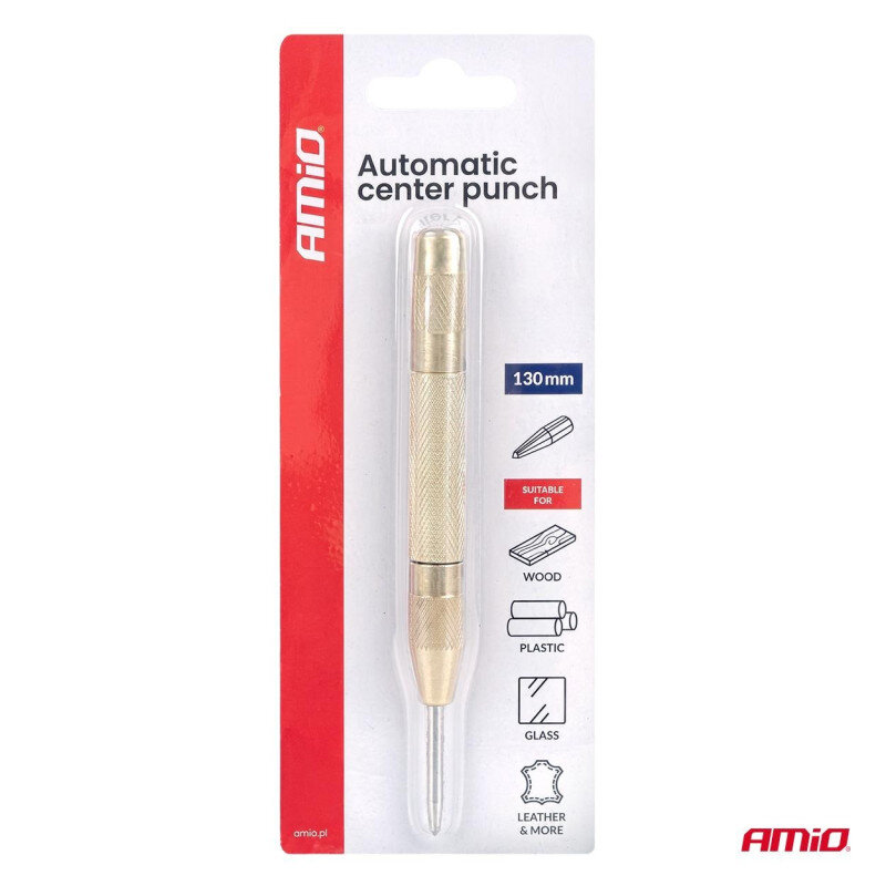 Na obrazku znajduje się automatyczny punktak do metalu marki AMiO, zapakowany w opakowanie z czerwonym i białym tłem. Widoczny tekst to \'Automatic center punch\', \'130mm\', oraz ikony wskazujące na zastosowanie do drewna, plastiku, szkła i skóry.