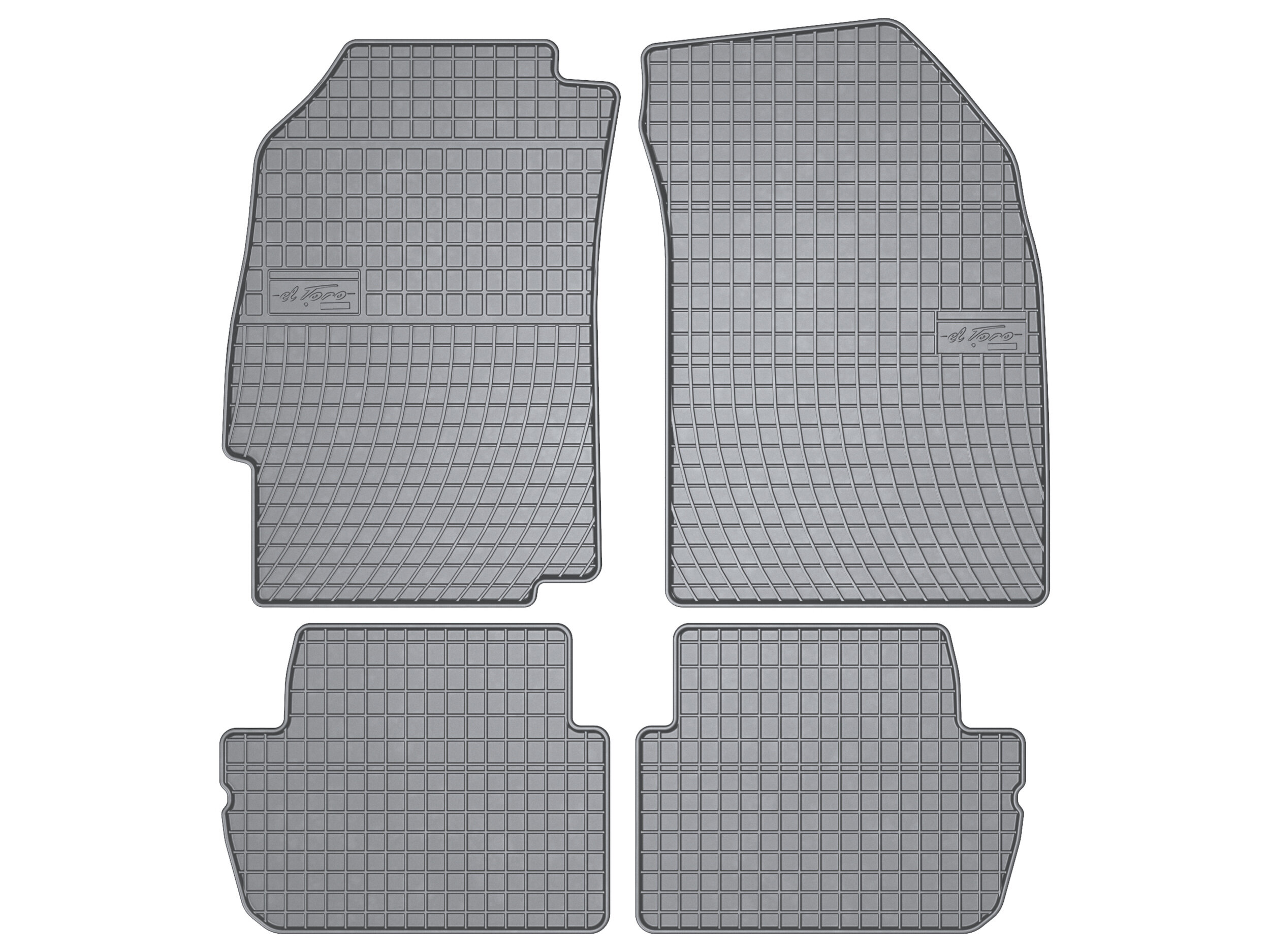 Na obrazie widoczne są cztery gumowe dywaniki samochodowe w kolorze popielatym, z wyraźnym wzorem kratki. Na dwóch z nich znajduje się logo z napisem \'Rezaw-Plast\'.