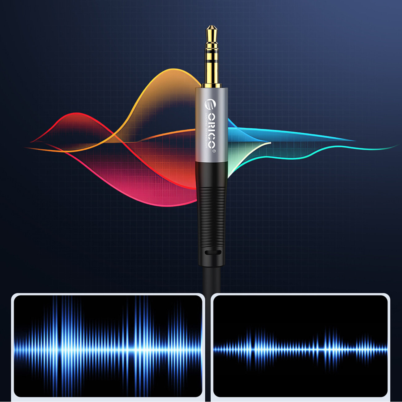 Na obrazie widoczny jest kabel audio z wtykiem mini jack 3.5 mm, z logo \'Orico\' na obudowie. W tle znajdują się kolorowe fale dźwiękowe oraz dwa wykresy przedstawiające wizualizacje dźwięku.
