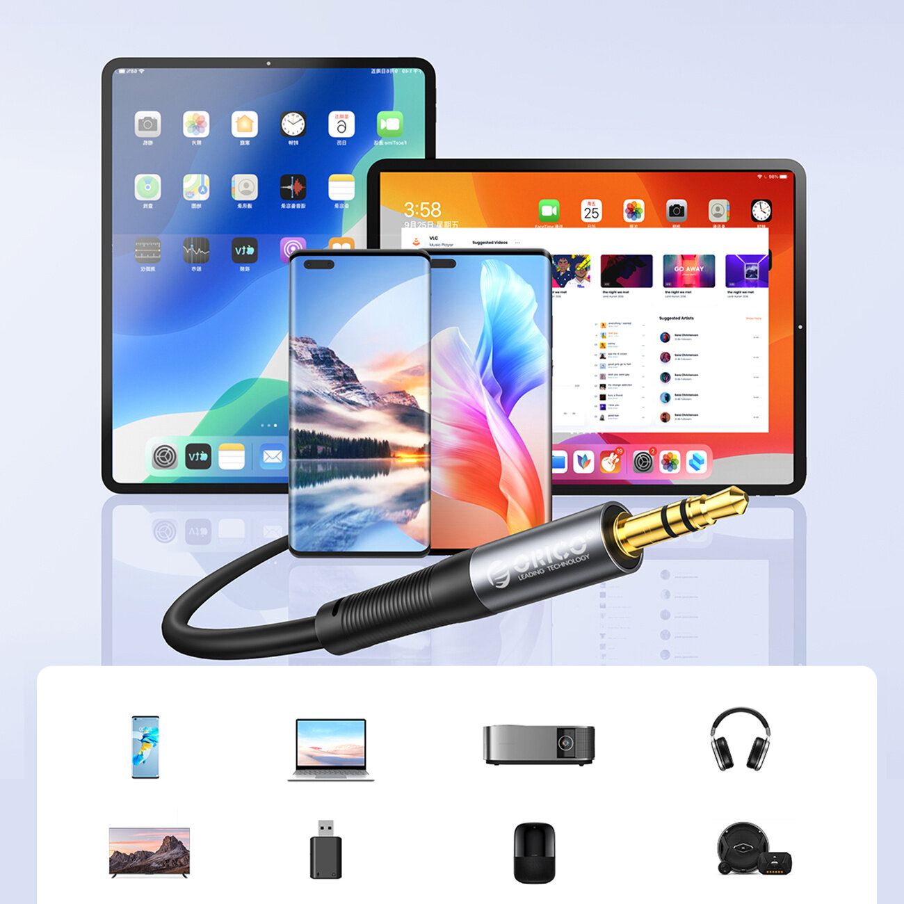 Na obrazie widoczny jest kabel audio z wtykiem mini jack 3.5 mm, z logo \'Orico\' na obudowie. W tle znajdują się dwa tablety i dwa smartfony z wyświetlonymi ekranami, a poniżej ikony różnych urządzeń elektronicznych.