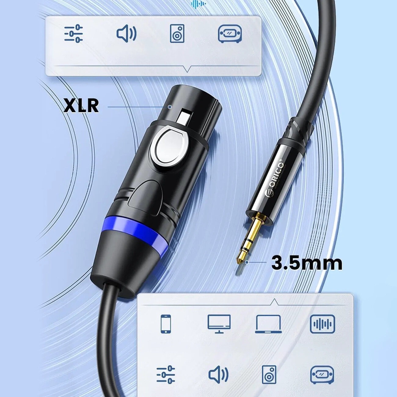 Obraz przedstawia czarny kabel audio z końcówkami XLR i 3,5 mm, z widocznym logo \'Orico\' na jednej z końcówek. W tle znajdują się ikony symbolizujące różne urządzenia audio oraz tekst \'XLR\' i \'3.5mm\'.