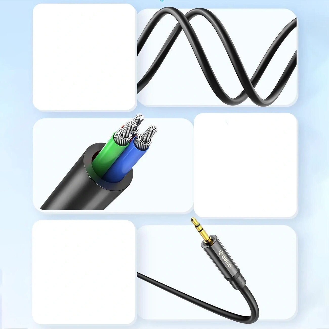 Obraz przedstawia czarny kabel audio z końcówką mini jack 3,5 mm oraz widocznymi wewnętrznymi przewodami w kolorach zielonym i niebieskim. Na końcówce kabla znajduje się logo \'Orico\'.