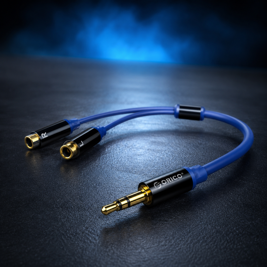 Na ciemnym tle znajduje się niebieski kabel audio z wtykiem mini jack 3.5 mm oraz dwoma gniazdami RCA. Na wtyku widoczne jest logo \'ORICO\'.