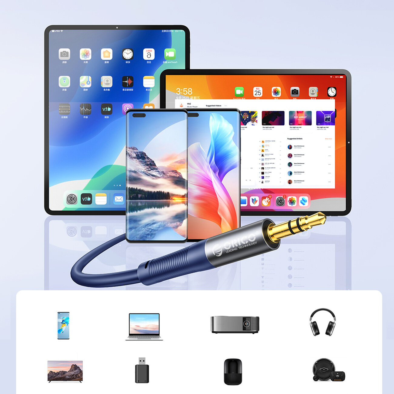 Na obrazie widoczny jest niebieski kabel audio z wtykiem mini jack 3.5 mm, z logo \'Orico\' na obudowie. W tle znajdują się różne urządzenia elektroniczne, takie jak tablety i smartfony, a poniżej ikony przedstawiające różne sprzęty elektroniczne.