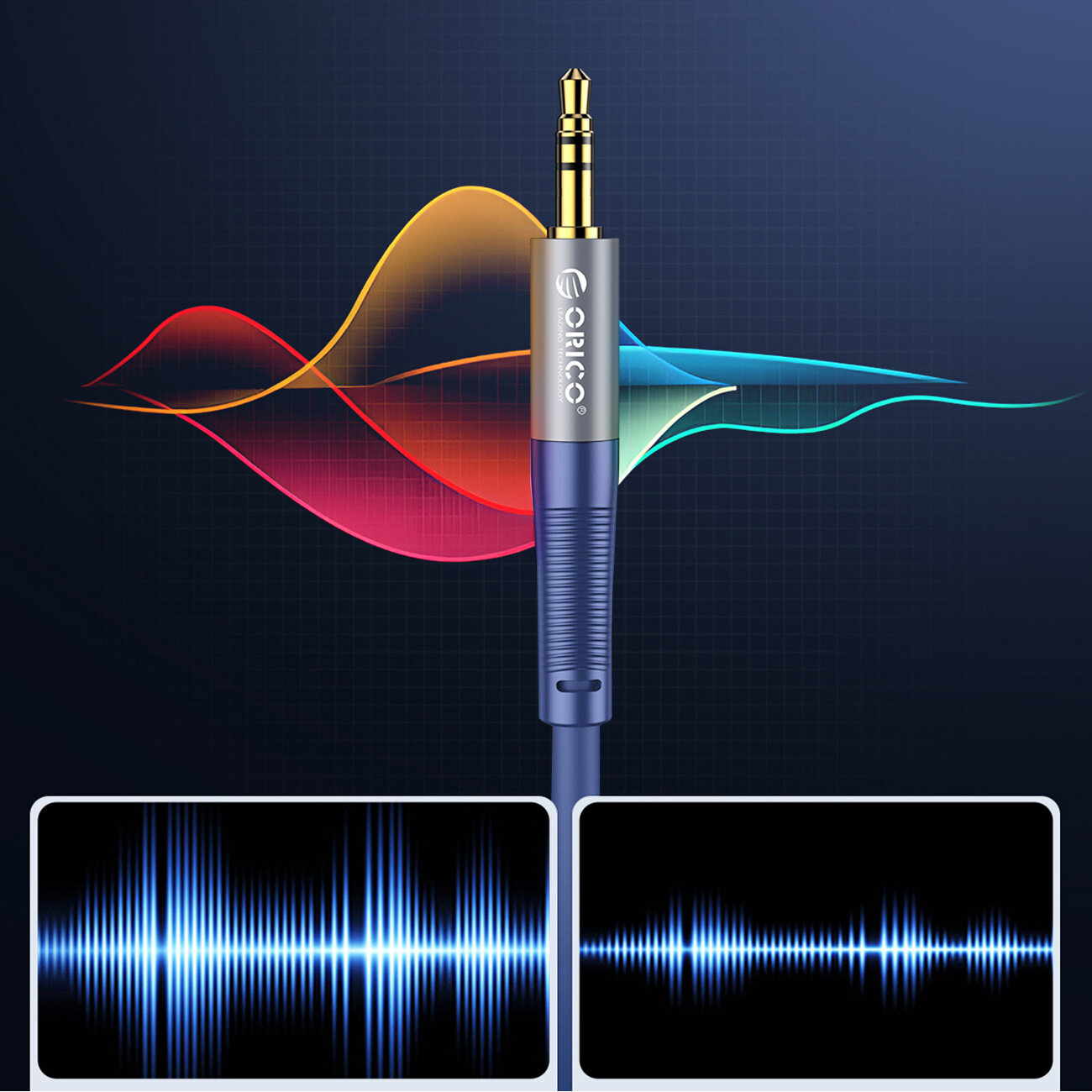 Na obrazie widoczny jest niebieski kabel audio z wtykiem mini jack 3.5 mm, z logo \'Orico\' na obudowie. W tle znajdują się kolorowe fale dźwiękowe oraz dwa wykresy przedstawiające wizualizacje dźwięku.