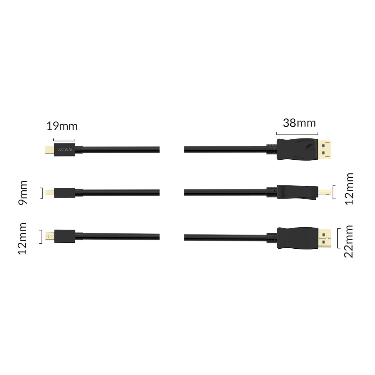 Obraz przedstawia czarny kabel z końcówkami Mini DisplayPort i HDMI, z wymiarami 19mm, 9mm, 12mm, 38mm, 12mm i 22mm oznaczonymi przy różnych częściach kabla. Na jednej z końcówek widoczne jest logo \'Orico\'.