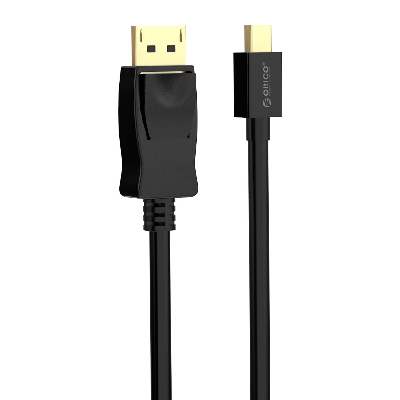 Na obrazie widoczny jest czarny kabel z dwoma różnymi końcówkami: jedną większą i jedną mniejszą. Na mniejszej końcówce znajduje się logo \'ORICO\'.