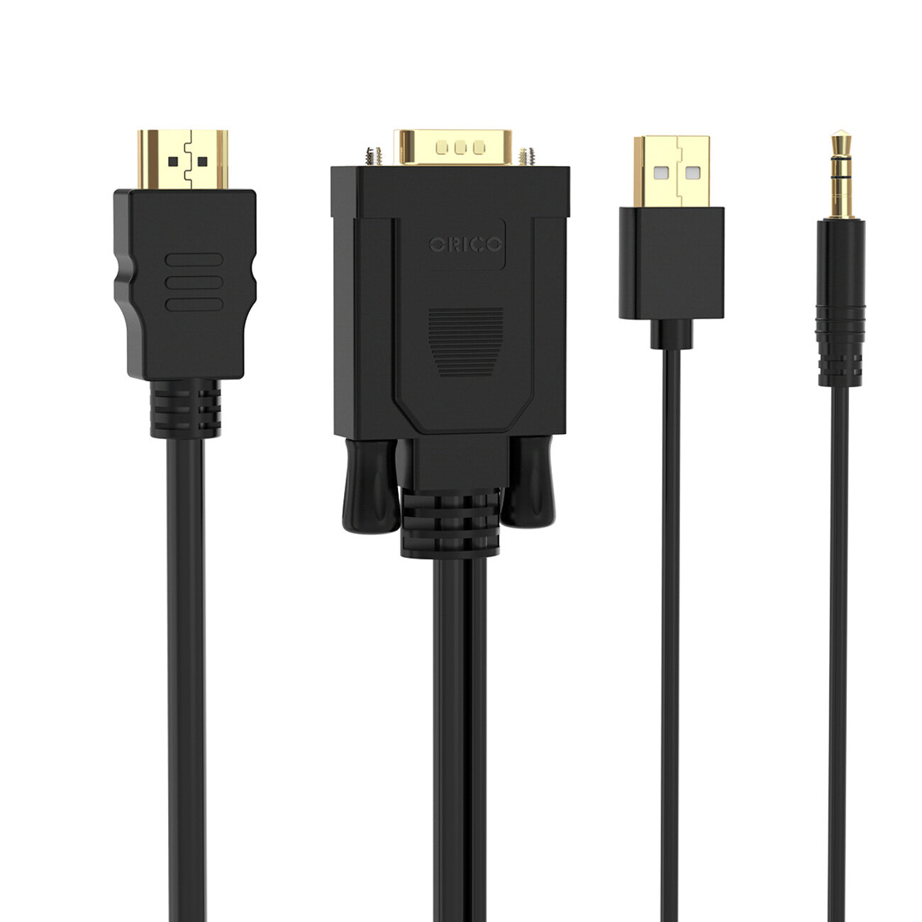 Na obrazie widoczne są trzy czarne kable z różnymi końcówkami: HDMI, VGA z napisem \'Orico\', USB i mini jack 3.5 mm. Kable mają złote złącza i są ustawione pionowo.
