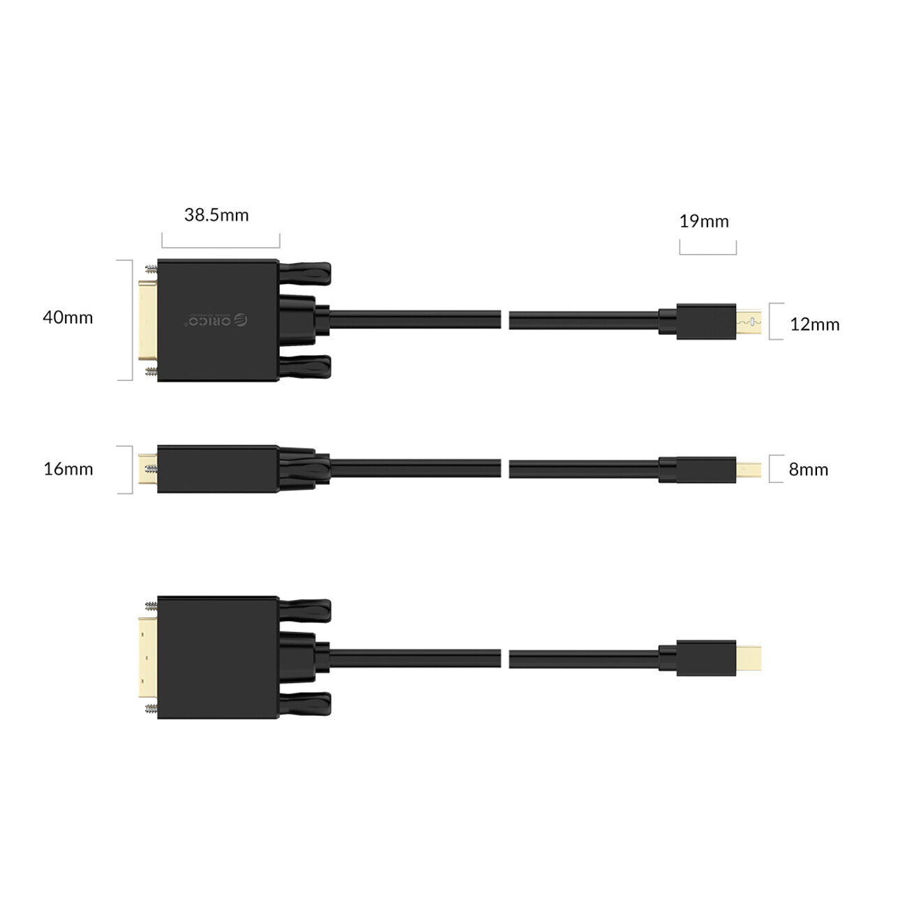 Obraz przedstawia czarny kabel z końcówkami Mini DisplayPort i DVI, z wymiarami podanymi obok: 38.5mm, 40mm, 19mm, 12mm, 16mm, 8mm. Na jednej z końcówek widoczne jest logo \'Orico\'.