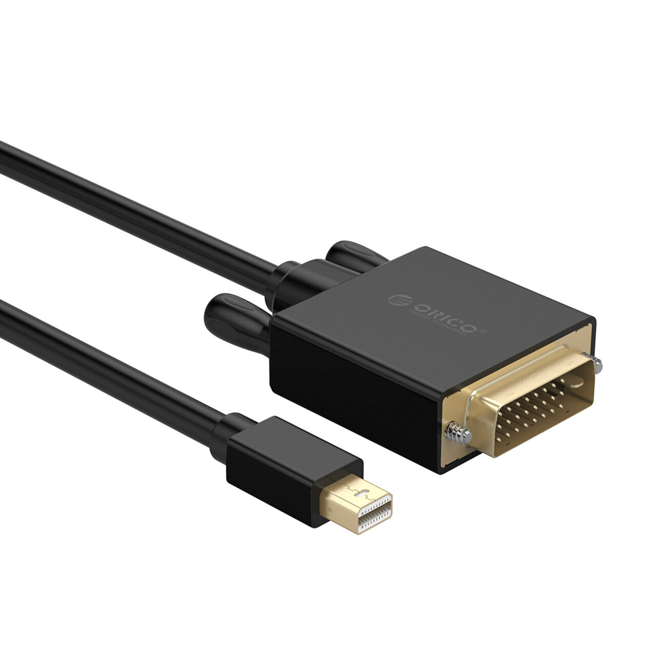 Na obrazie widoczny jest czarny kabel z końcówkami Mini DisplayPort i DVI. Na większej końcówce znajduje się logo \'Orico\'.