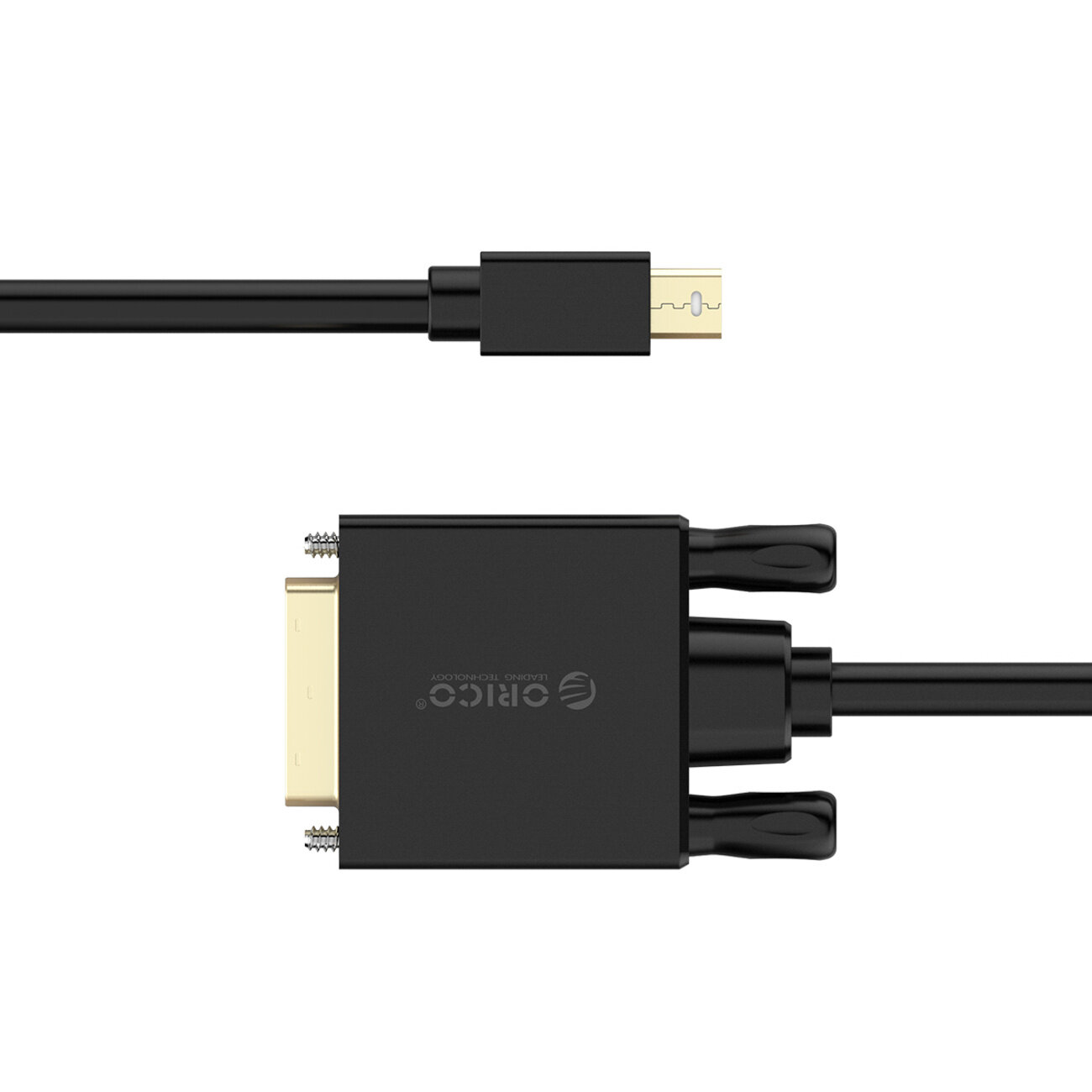 Czarny kabel z końcówkami Mini DisplayPort i DVI, z widocznym logo \'ORICO\' na jednej z wtyczek.