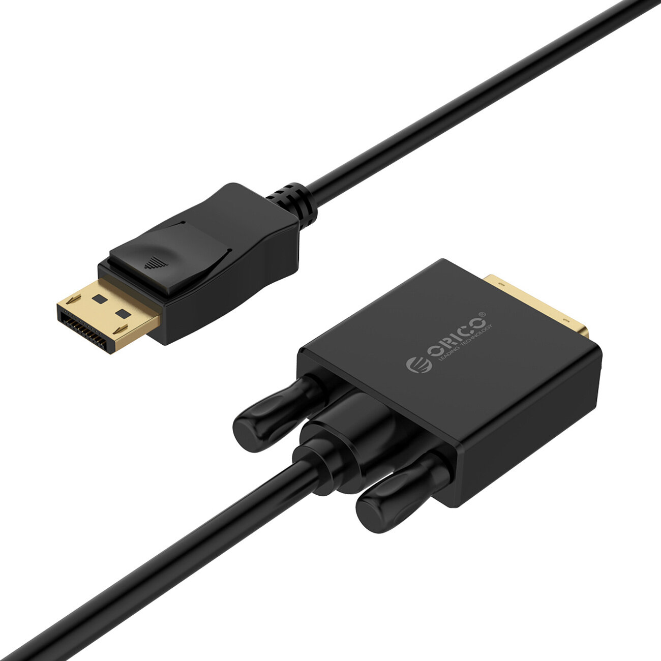 Czarny kabel DisplayPort do DisplayPort z widocznym logo \'Orico\' na jednym z końców. Kabel ma złote złącza i jest przeznaczony do przesyłania obrazu w jakości 4K.