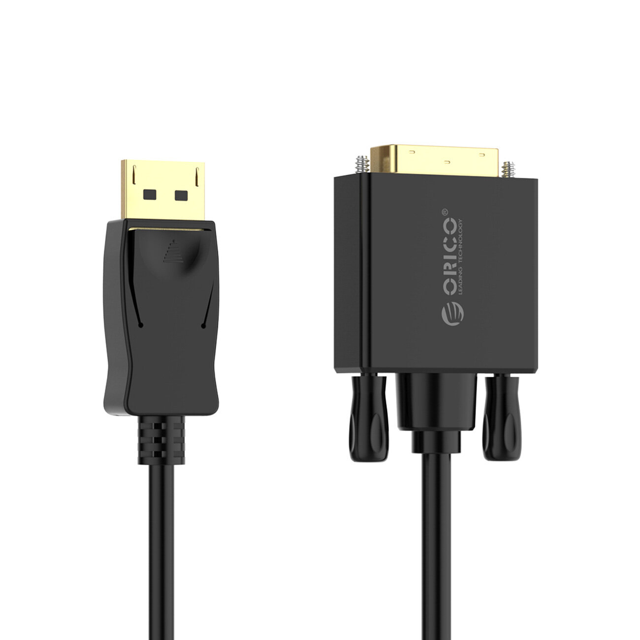 Na obrazie widoczny jest czarny kabel z dwoma różnymi końcówkami: DisplayPort i DVI. Na jednej z końcówek znajduje się logo \'ORICO\'.