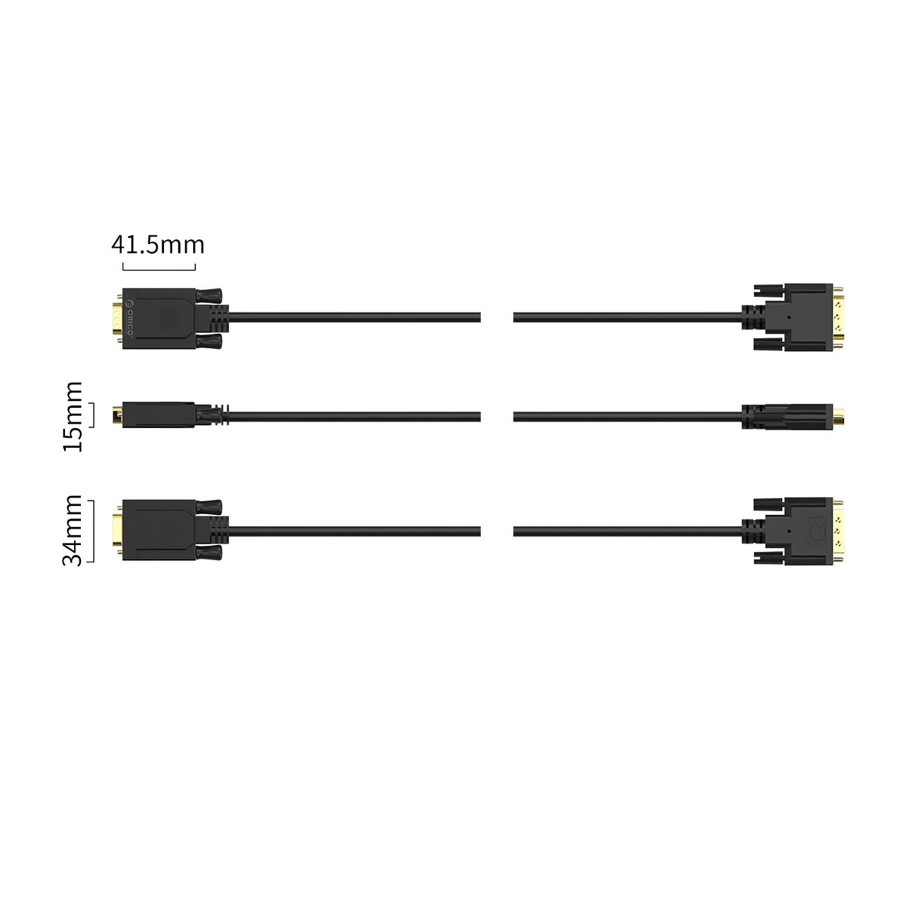 Obraz przedstawia trzy czarne kable z różnymi końcówkami, z oznaczeniami wymiarów: 41.5mm, 15mm i 34mm. Każdy kabel ma złącze DVI i VGA.