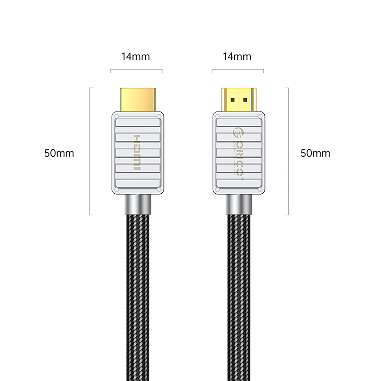 Obraz przedstawia dwa złącza kabla HDMI z oznaczeniami wymiarów: 14 mm szerokości i 50 mm długości. Na jednym złączu widoczny jest napis \'HDMI\', a na drugim logo \'Orico\'.